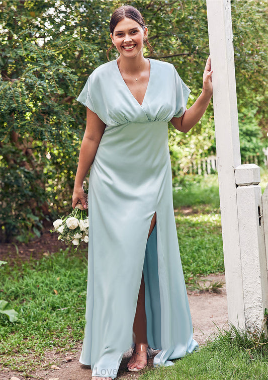 Empire V Neck Short Sleeve Floor-Length Stretch Satin Bridesmaid Dresses with Split Elaine DYP0025249