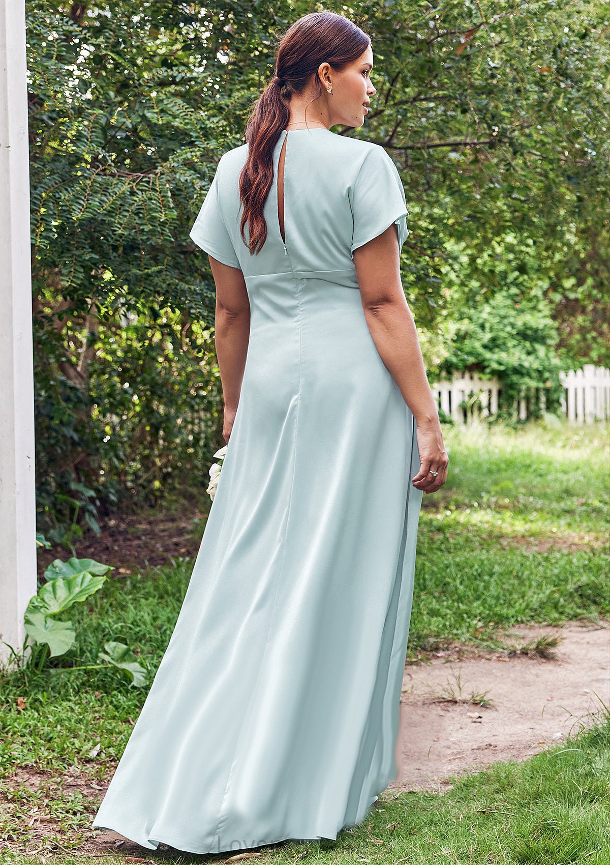 Empire V Neck Short Sleeve Floor-Length Stretch Satin Bridesmaid Dresses with Split Elaine DYP0025249