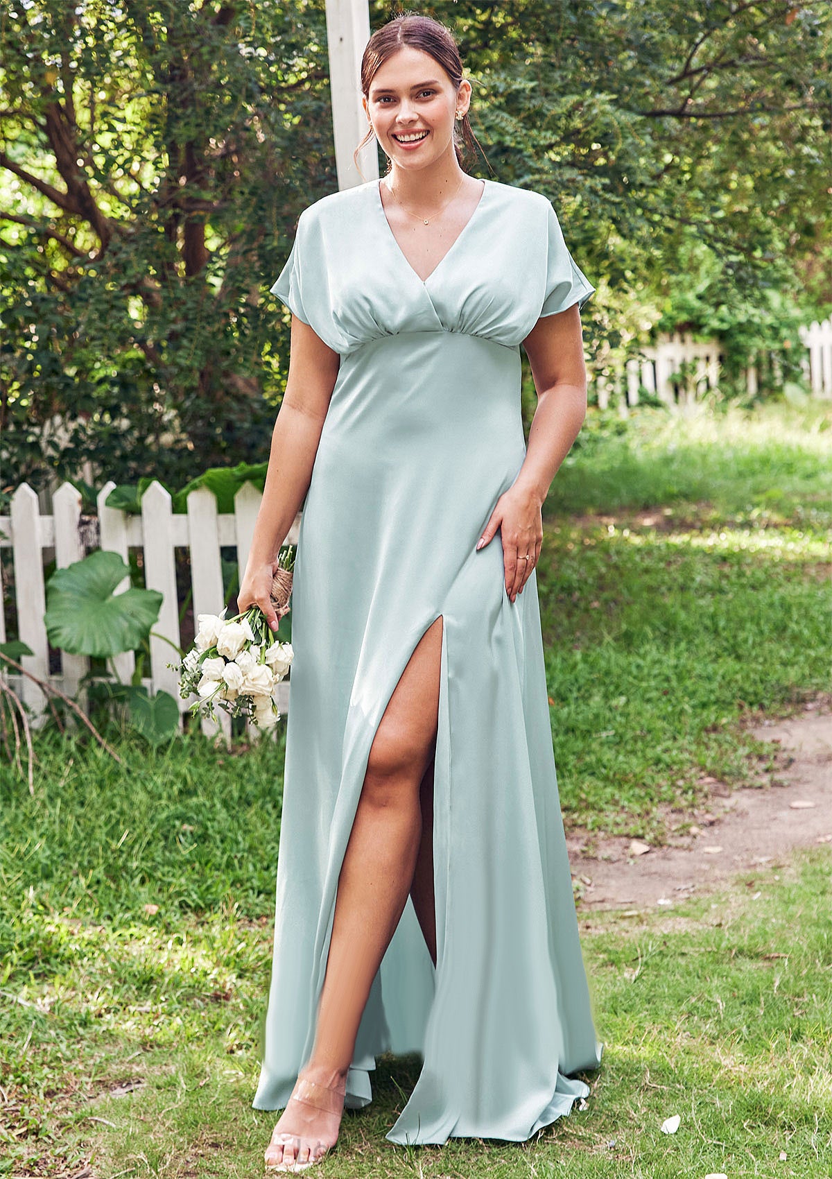 Empire V Neck Short Sleeve Floor-Length Stretch Satin Bridesmaid Dresses with Split Elaine DYP0025249