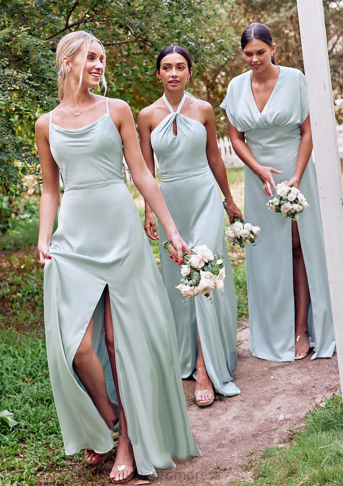 Empire V Neck Short Sleeve Floor-Length Stretch Satin Bridesmaid Dresses with Split Elaine DYP0025249