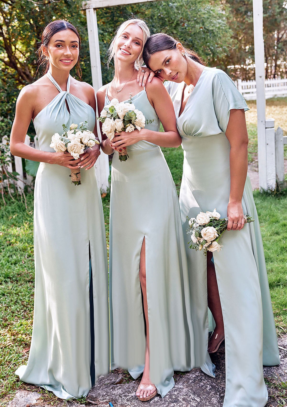 Empire V Neck Short Sleeve Floor-Length Stretch Satin Bridesmaid Dresses with Split Elaine DYP0025249