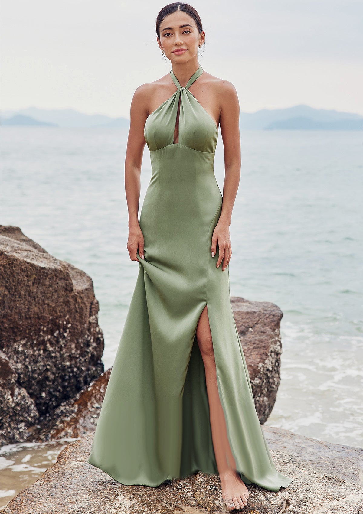 A-line Halter Sleeveless Floor-Length Stretch Satin Bridesmaid Dresses with Split Samantha DYP0025250