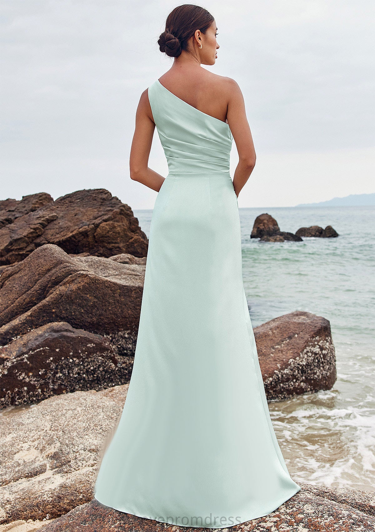 Sheath/Column One-Shoulder Sleeveless Floor-Length Stretch Satin Bridesmaid Dresses with Pleated Split Jayla DYP0025251