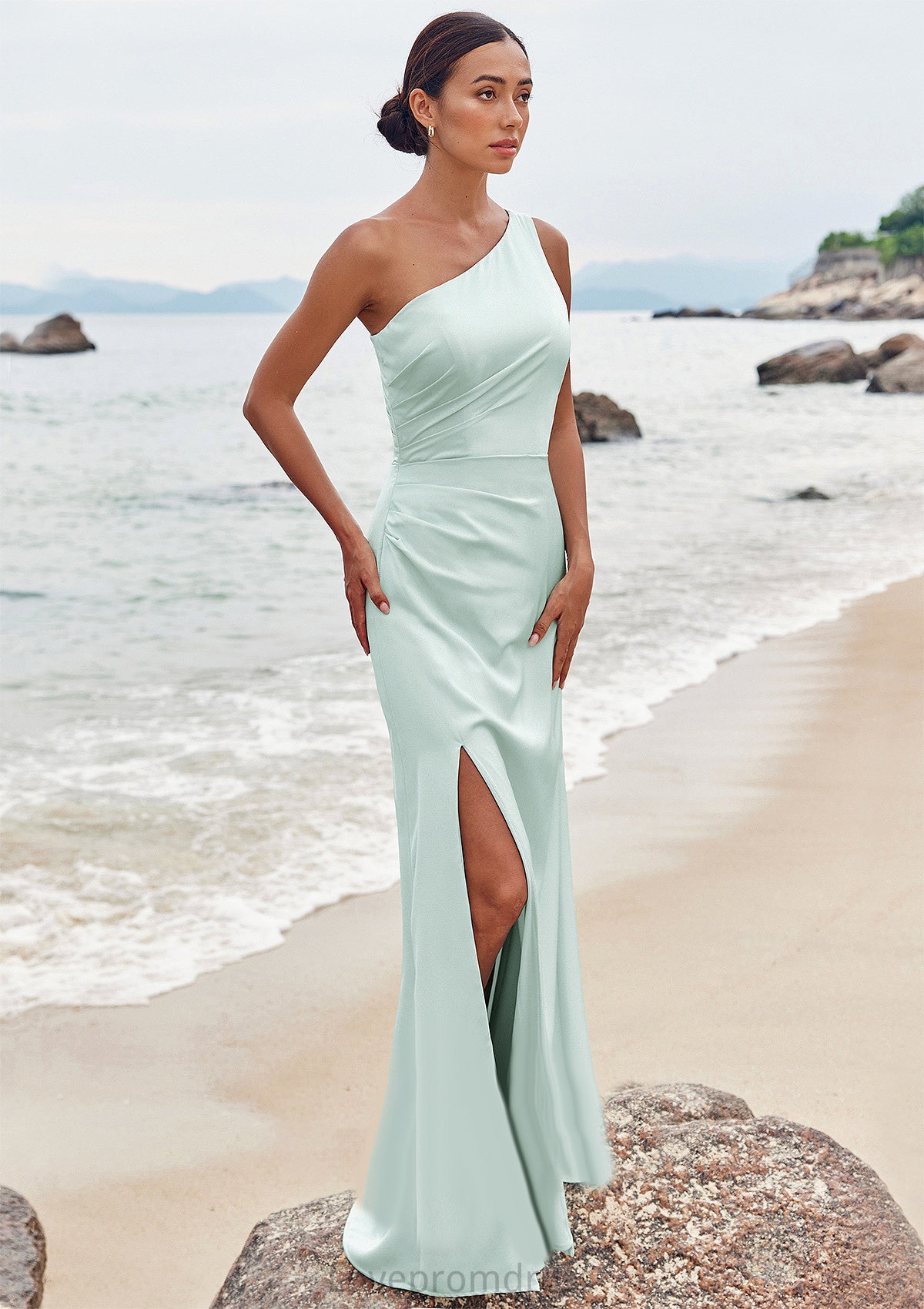 Sheath/Column One-Shoulder Sleeveless Floor-Length Stretch Satin Bridesmaid Dresses with Pleated Split Jayla DYP0025251