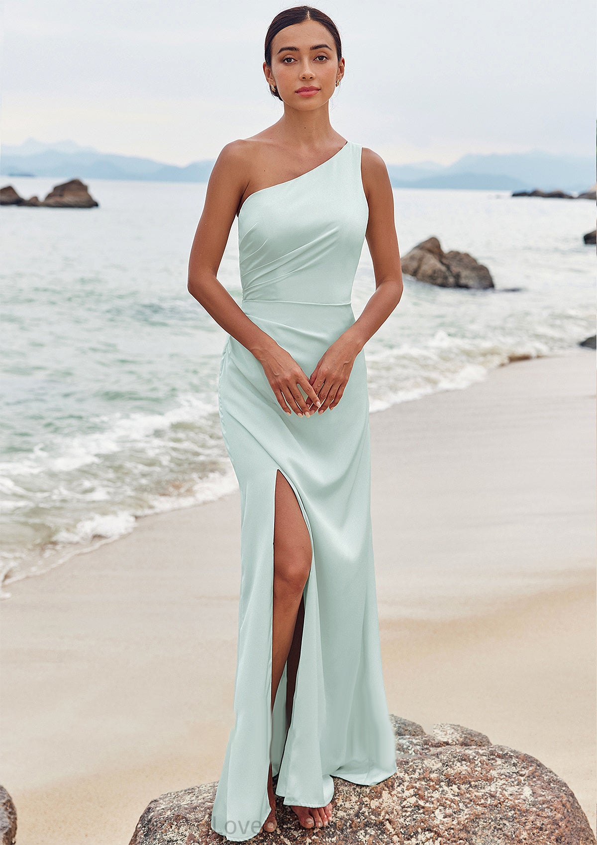 Sheath/Column One-Shoulder Sleeveless Floor-Length Stretch Satin Bridesmaid Dresses with Pleated Split Jayla DYP0025251