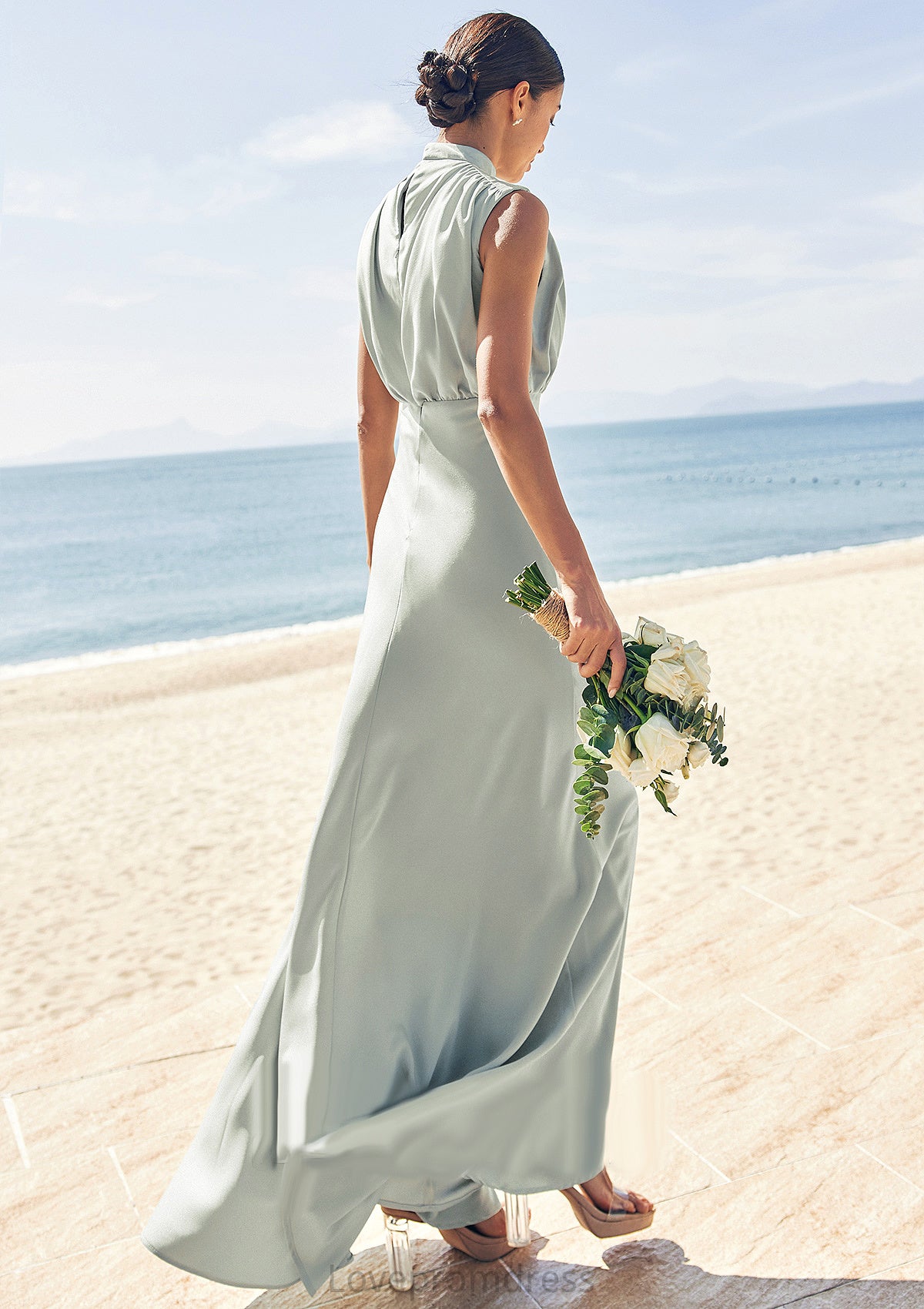 A-line High-Neck Sleeveless Floor-Length Stretch Satin Bridesmaid Dresses Cadence DYP0025252