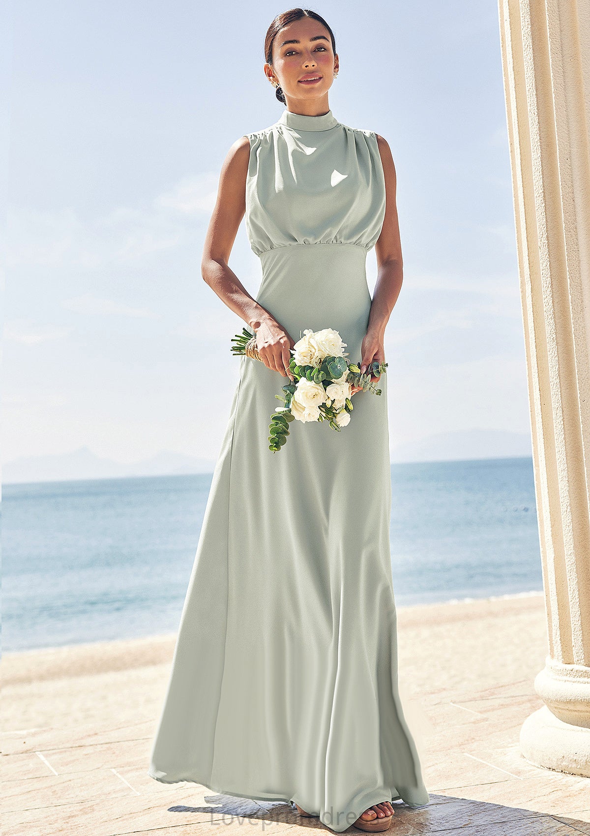 A-line High-Neck Sleeveless Floor-Length Stretch Satin Bridesmaid Dresses Cadence DYP0025252