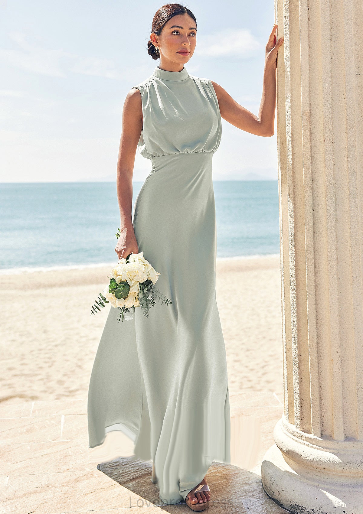 A-line High-Neck Sleeveless Floor-Length Stretch Satin Bridesmaid Dresses Cadence DYP0025252