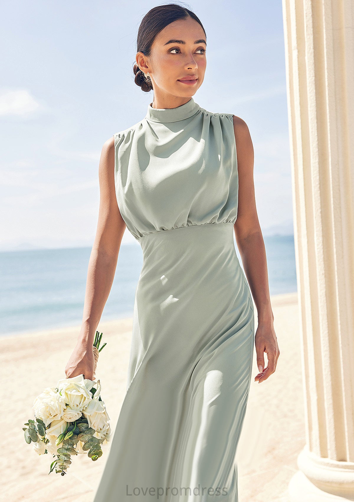 A-line High-Neck Sleeveless Floor-Length Stretch Satin Bridesmaid Dresses Cadence DYP0025252