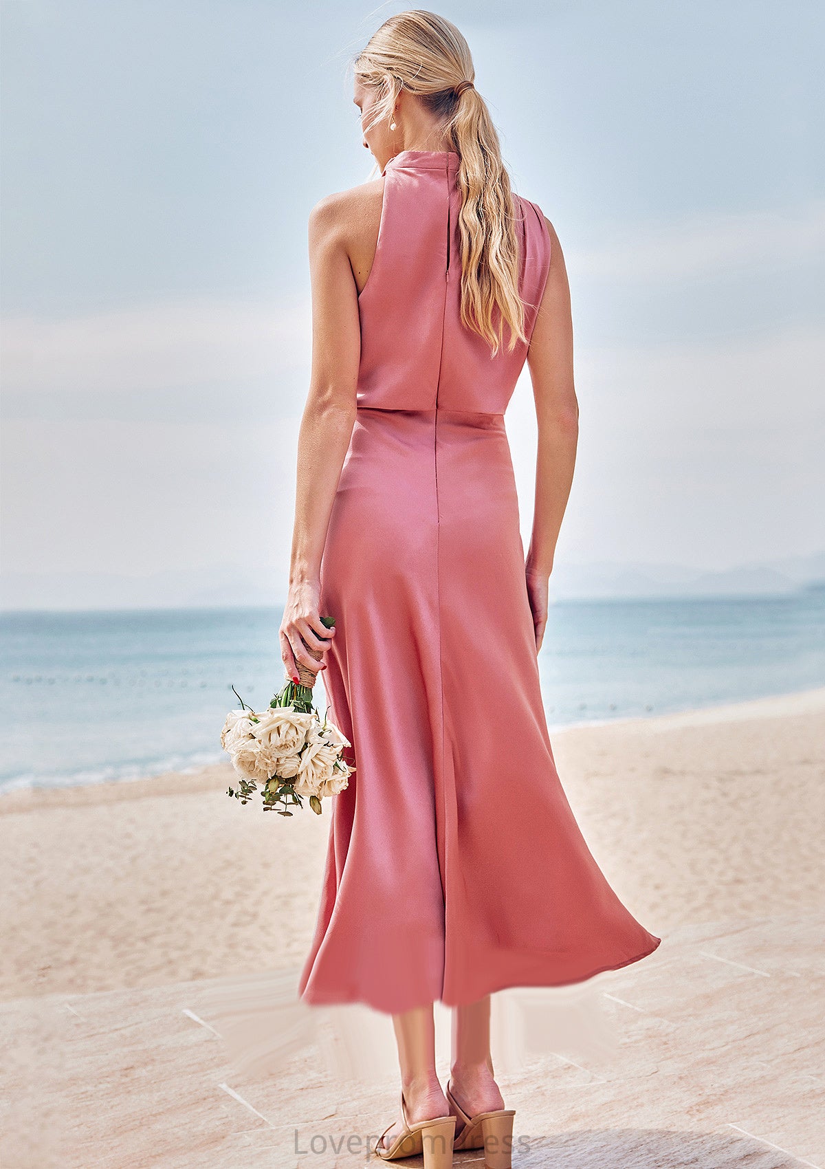 Sheath/Column High-Neck Sleeveless Tea-Length Stretch Satin Bridesmaid Dresses with Pleated Gillian DYP0025257