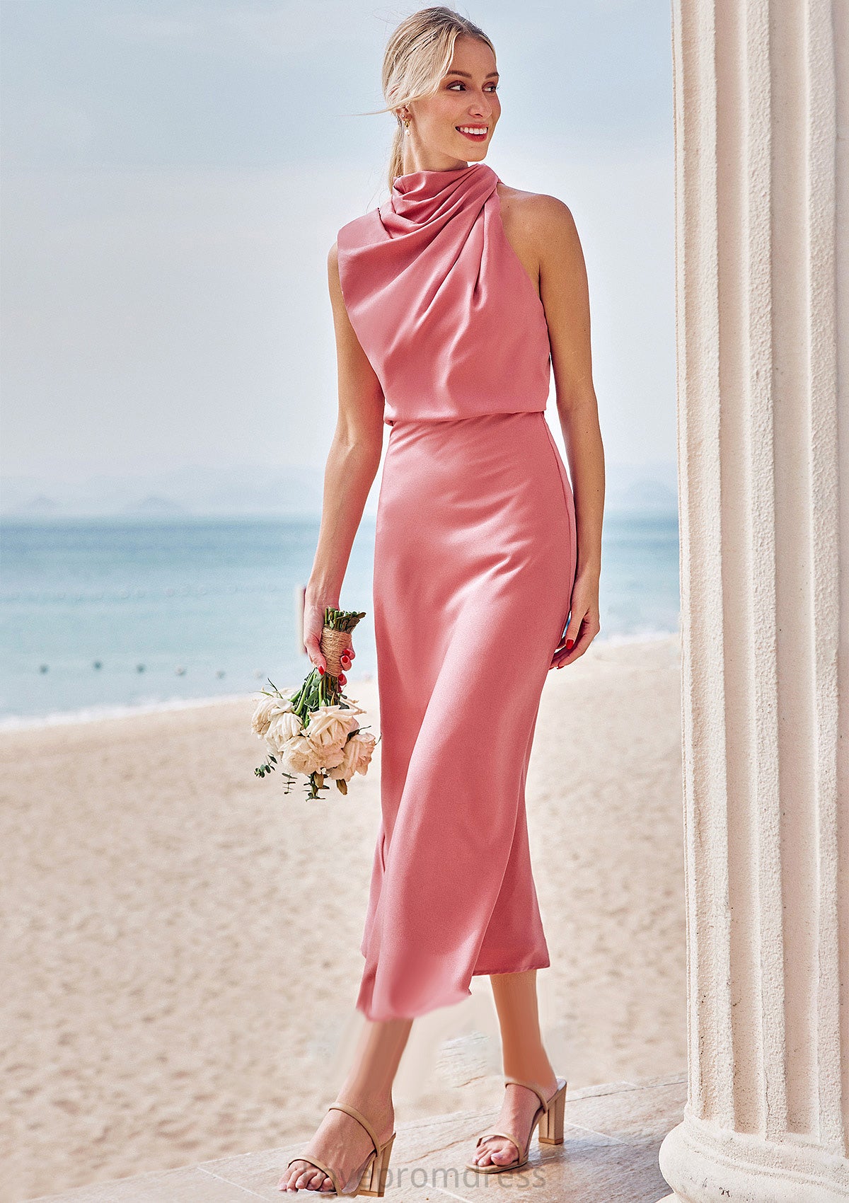 Sheath/Column High-Neck Sleeveless Tea-Length Stretch Satin Bridesmaid Dresses with Pleated Gillian DYP0025257