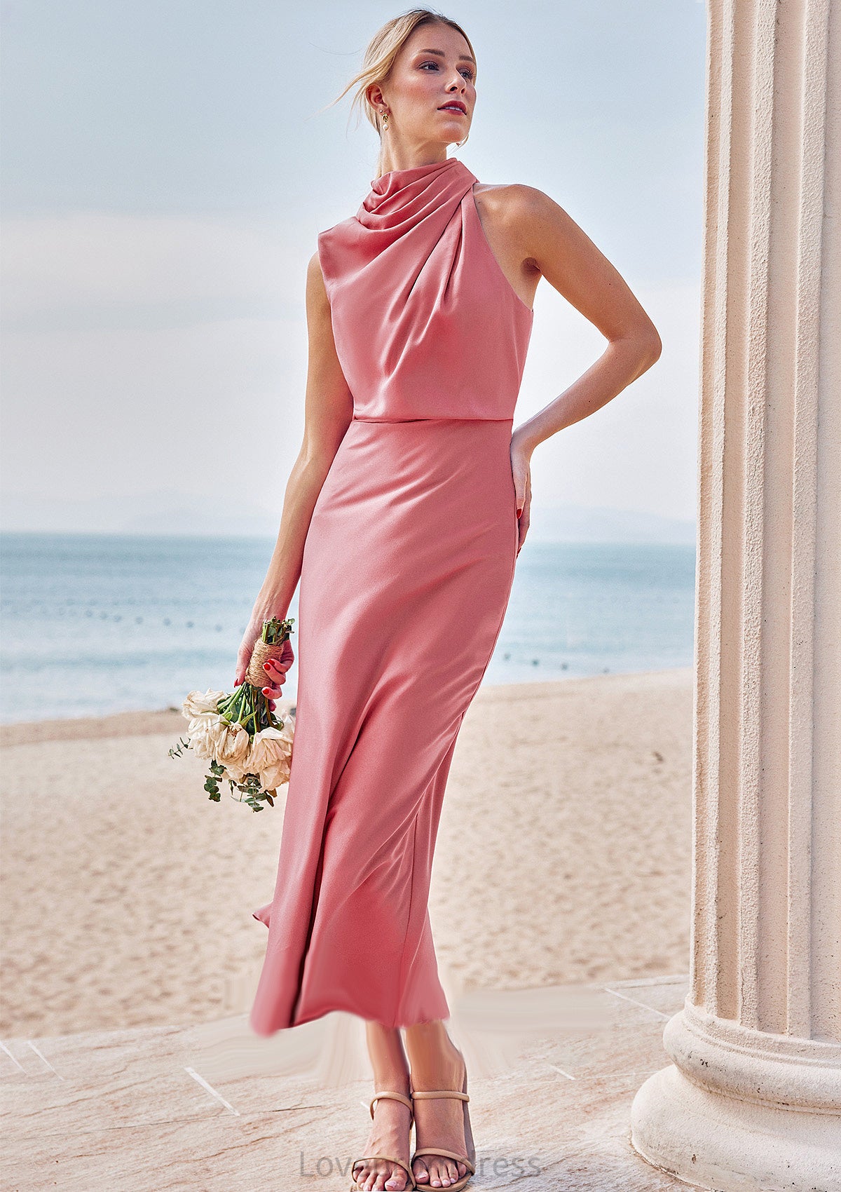 Sheath/Column High-Neck Sleeveless Tea-Length Stretch Satin Bridesmaid Dresses with Pleated Gillian DYP0025257