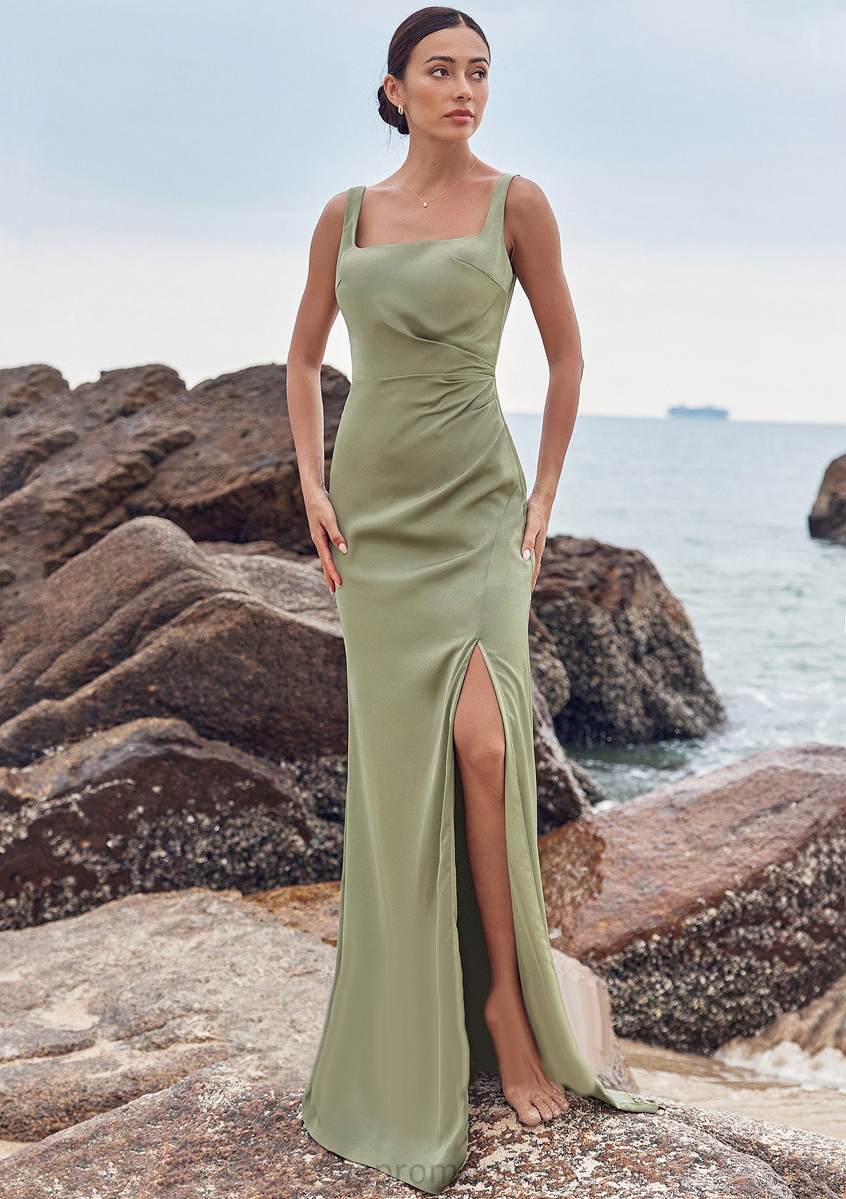 Sheath/Column Square Neckline Sleeveless Floor-Length Stretch Satin Bridesmaid Dresses with Pleated Split Paris DYP0025258