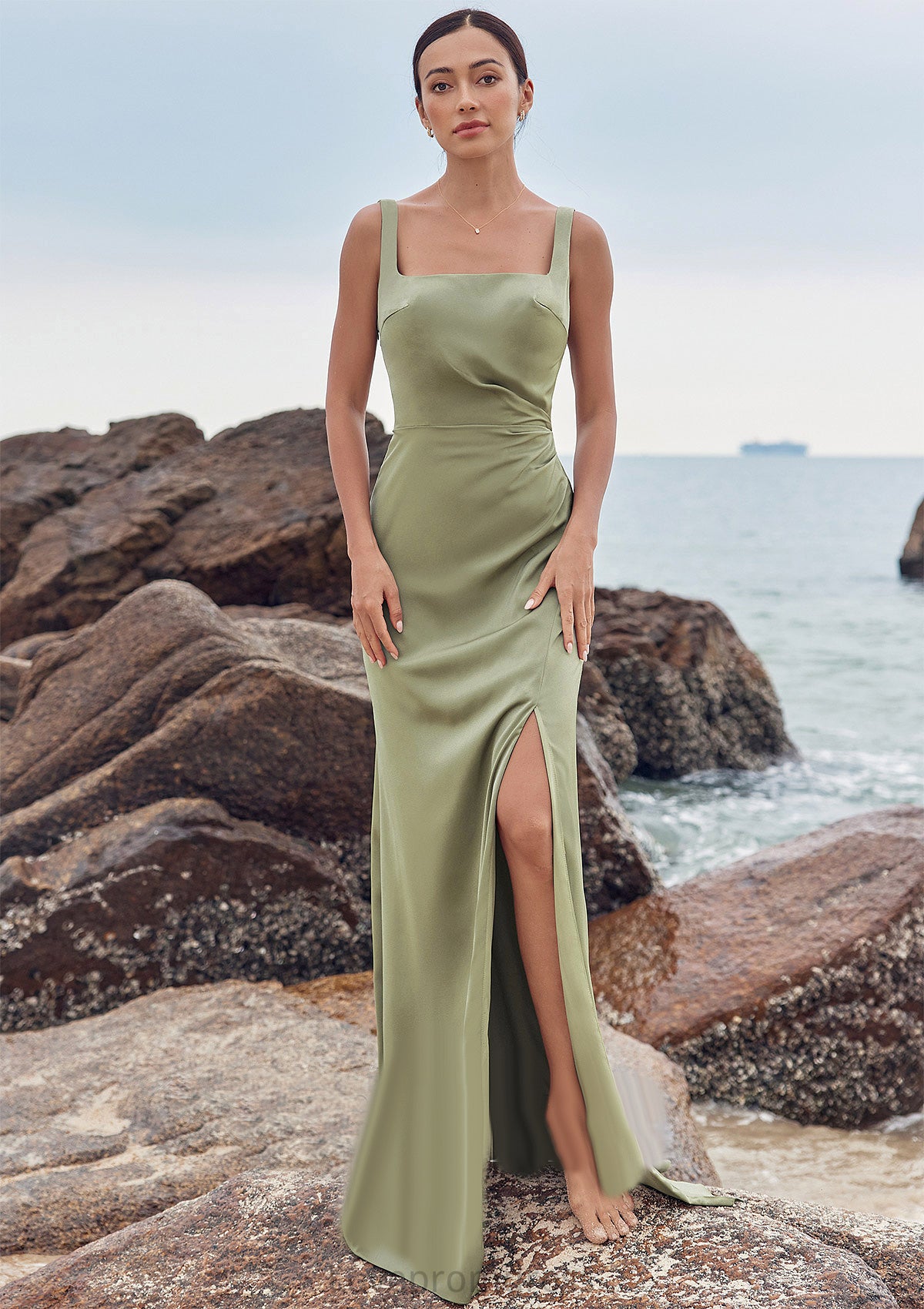 Sheath/Column Square Neckline Sleeveless Floor-Length Stretch Satin Bridesmaid Dresses with Pleated Split Paris DYP0025258