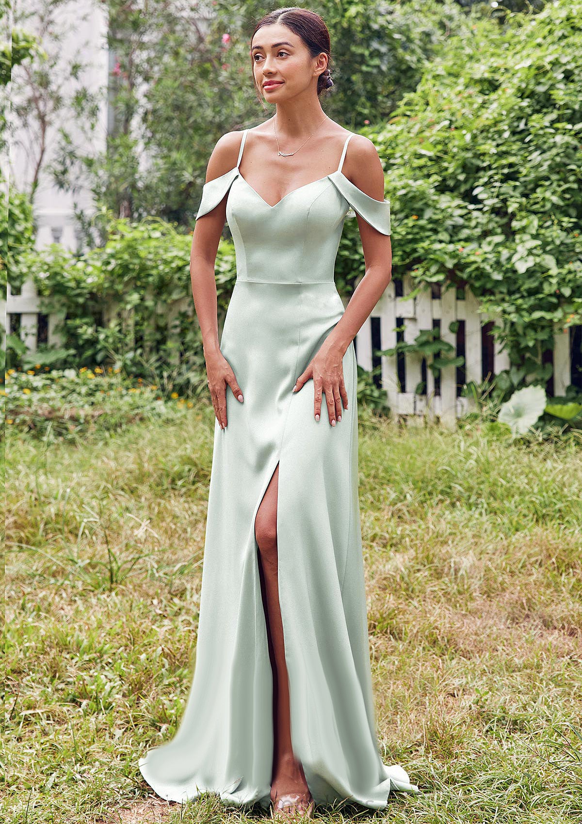 A-line V Neck Sleeveless Floor-Length Stretch Satin Bridesmaid Dresses with Split Sadie DYP0025263