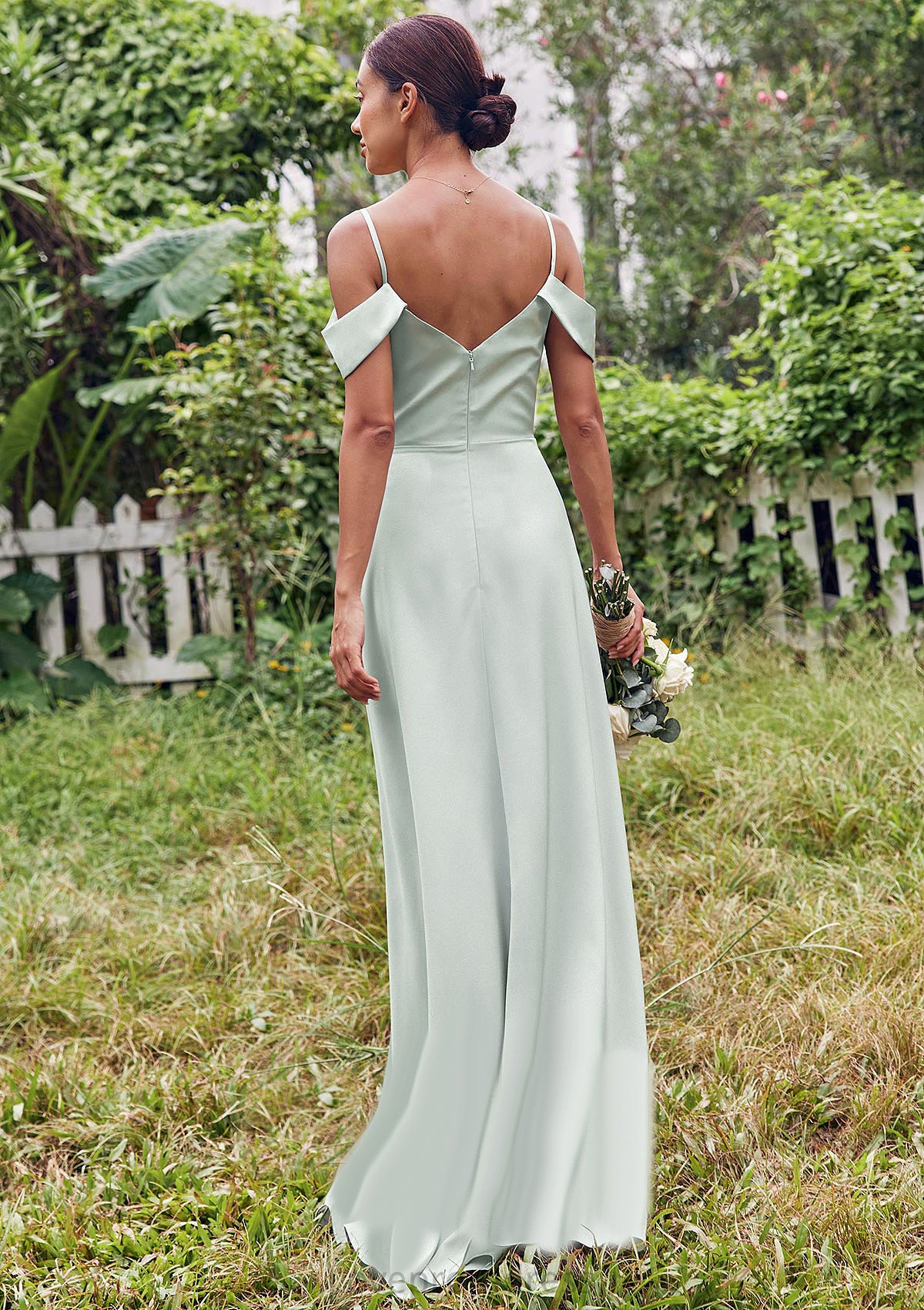 A-line V Neck Sleeveless Floor-Length Stretch Satin Bridesmaid Dresses with Split Sadie DYP0025263