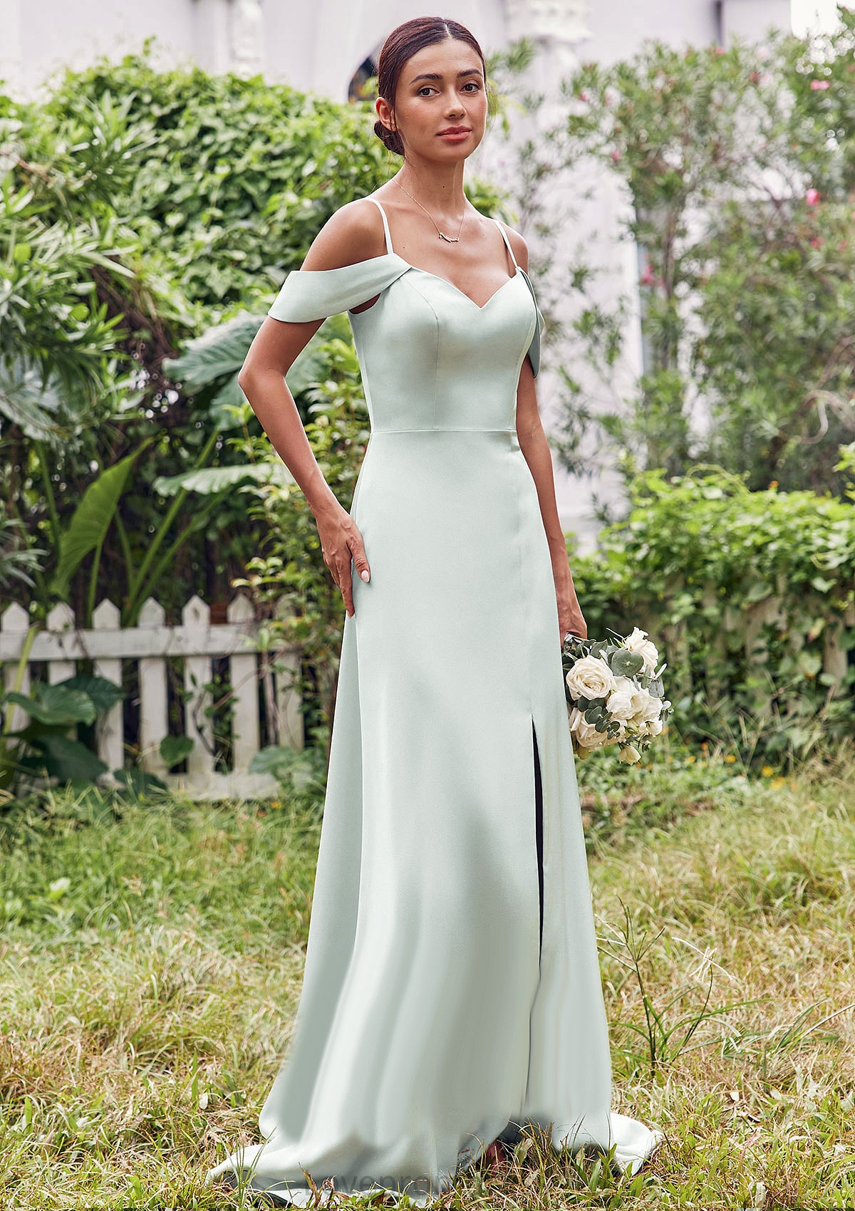 A-line V Neck Sleeveless Floor-Length Stretch Satin Bridesmaid Dresses with Split Sadie DYP0025263