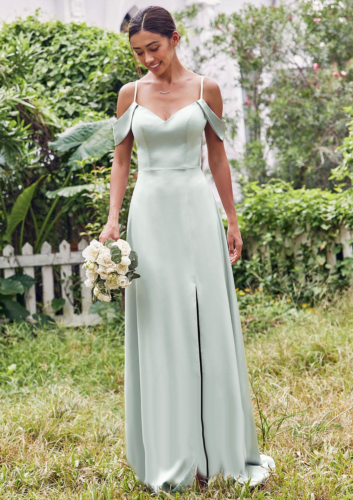 A-line V Neck Sleeveless Floor-Length Stretch Satin Bridesmaid Dresses with Split Sadie DYP0025263