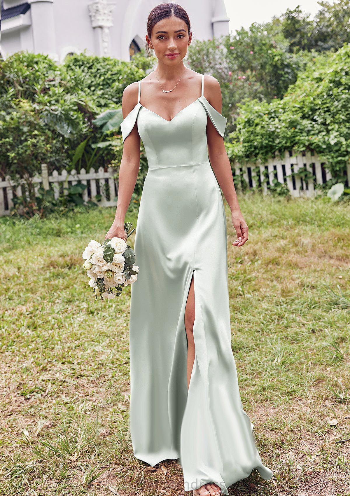 A-line V Neck Sleeveless Floor-Length Stretch Satin Bridesmaid Dresses with Split Sadie DYP0025263