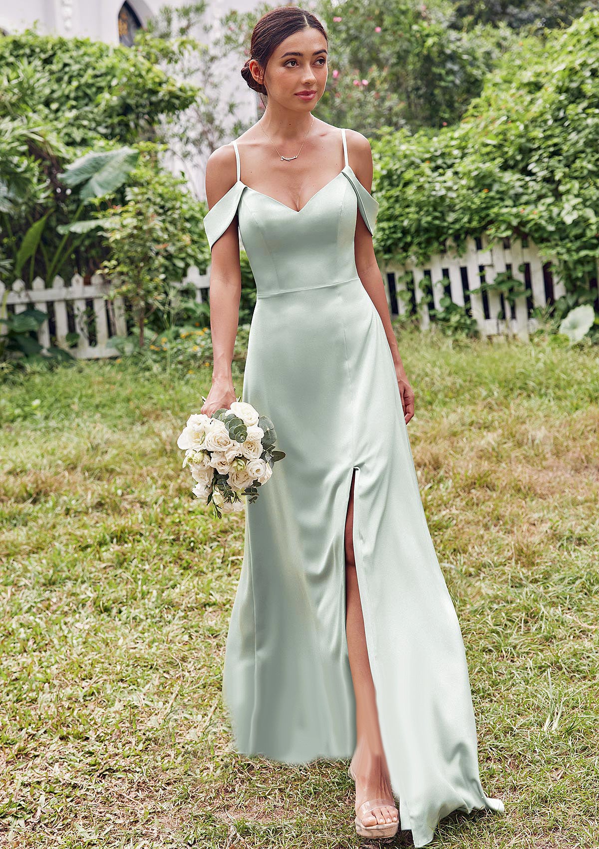 A-line V Neck Sleeveless Floor-Length Stretch Satin Bridesmaid Dresses with Split Sadie DYP0025263