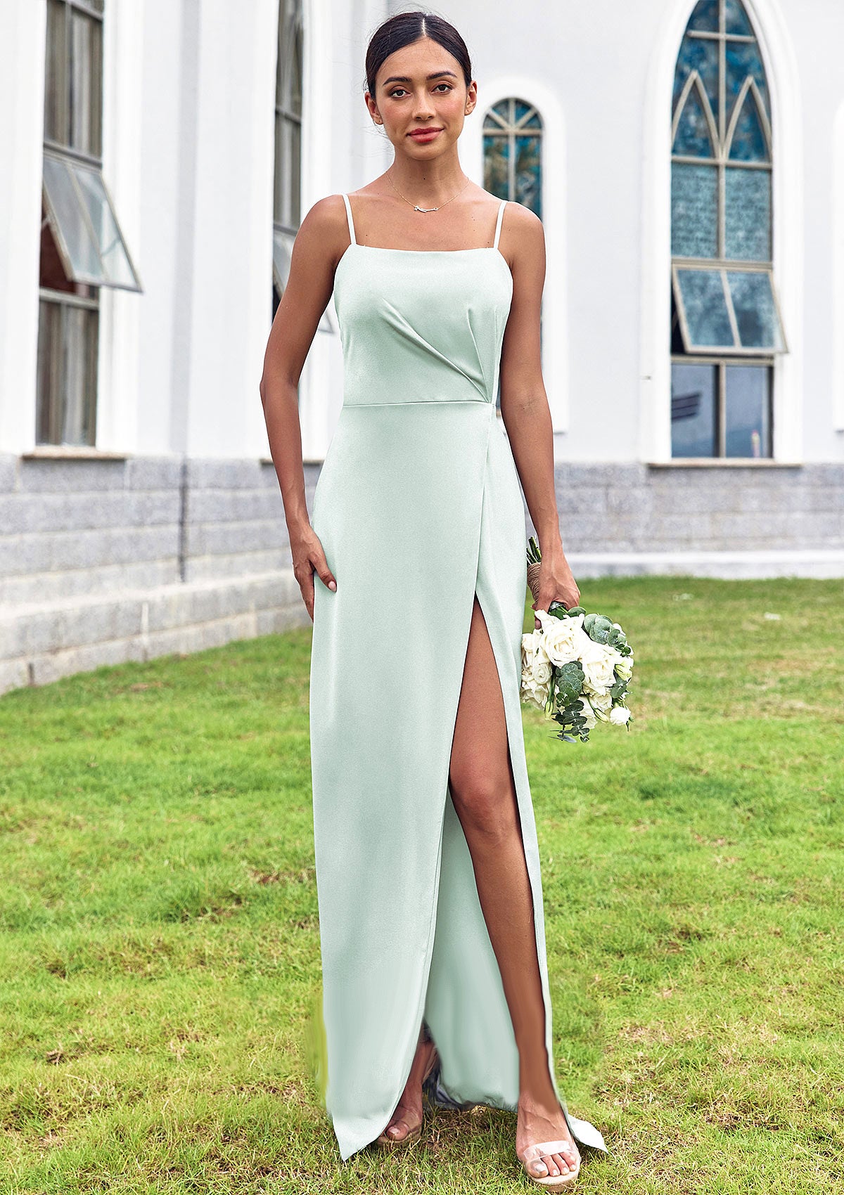 Sheath/Column Square Neckline Sleeveless Floor-Length Stretch Satin Bridesmaid Dresses with Pleated Split Rosalind DYP0025264