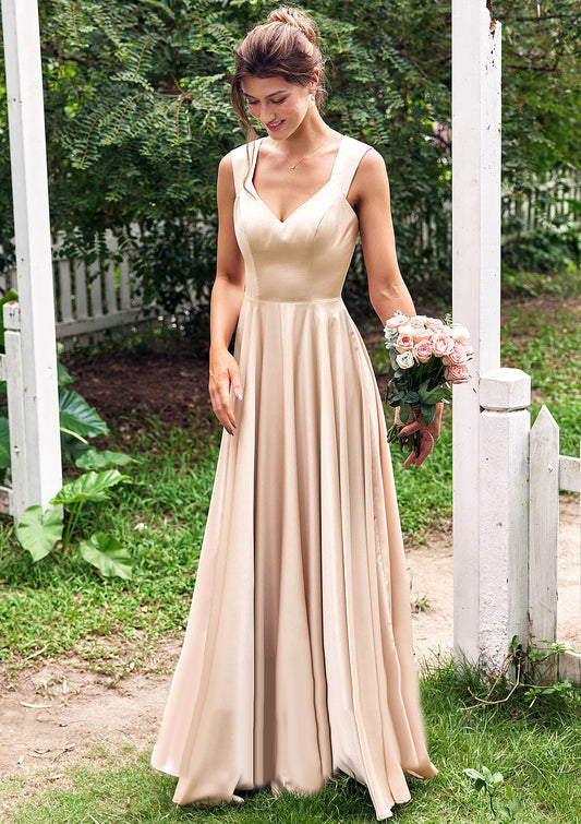 A-line V Neck Sleeveless Floor-Length Stretch Satin Bridesmaid Dresses with Pleated Tamara DYP0025266