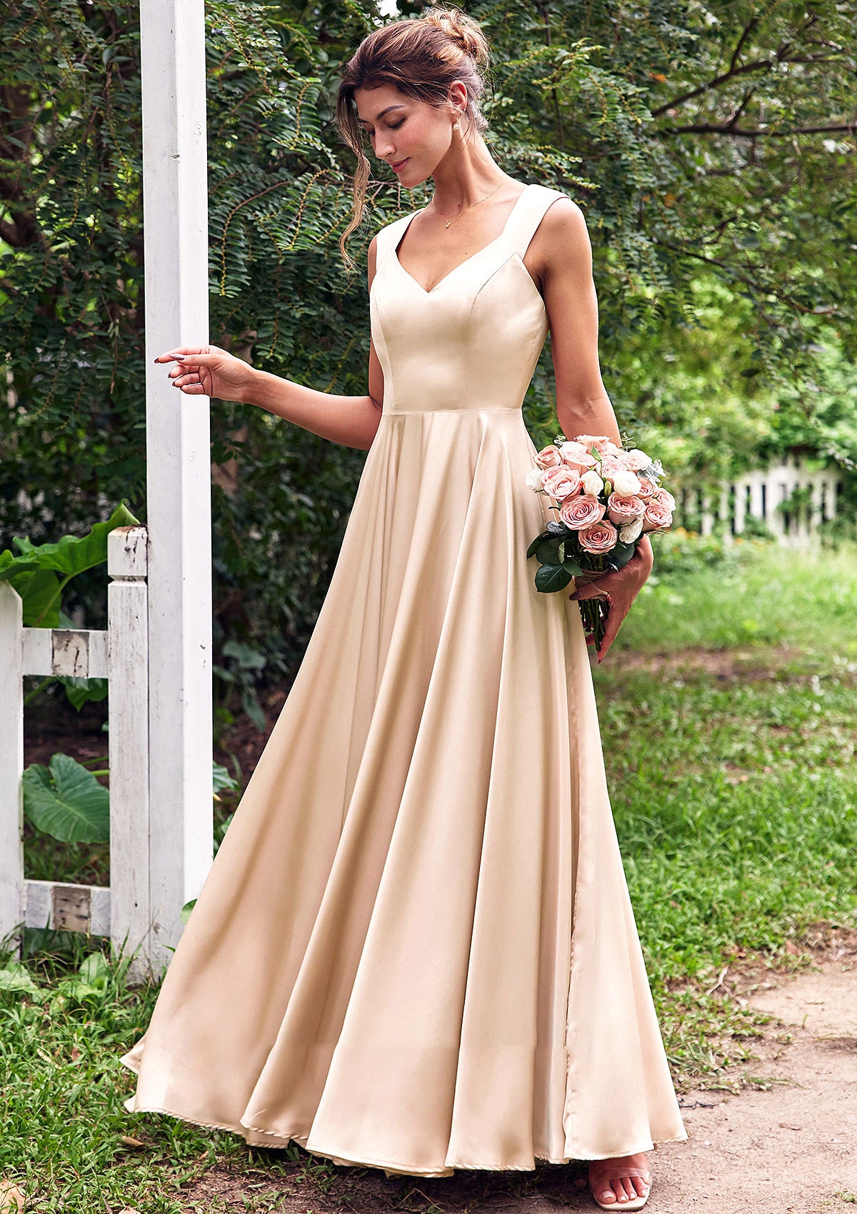 A-line V Neck Sleeveless Floor-Length Stretch Satin Bridesmaid Dresses with Pleated Tamara DYP0025266