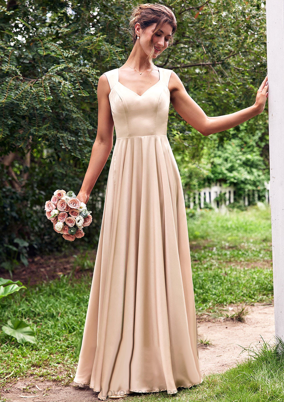 A-line V Neck Sleeveless Floor-Length Stretch Satin Bridesmaid Dresses with Pleated Tamara DYP0025266