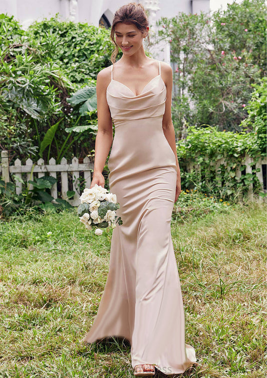 Sheath/Column V Neck Sleeveless Floor-Length Stretch Satin Bridesmaid Dresses with Pleated Samantha DYP0025267