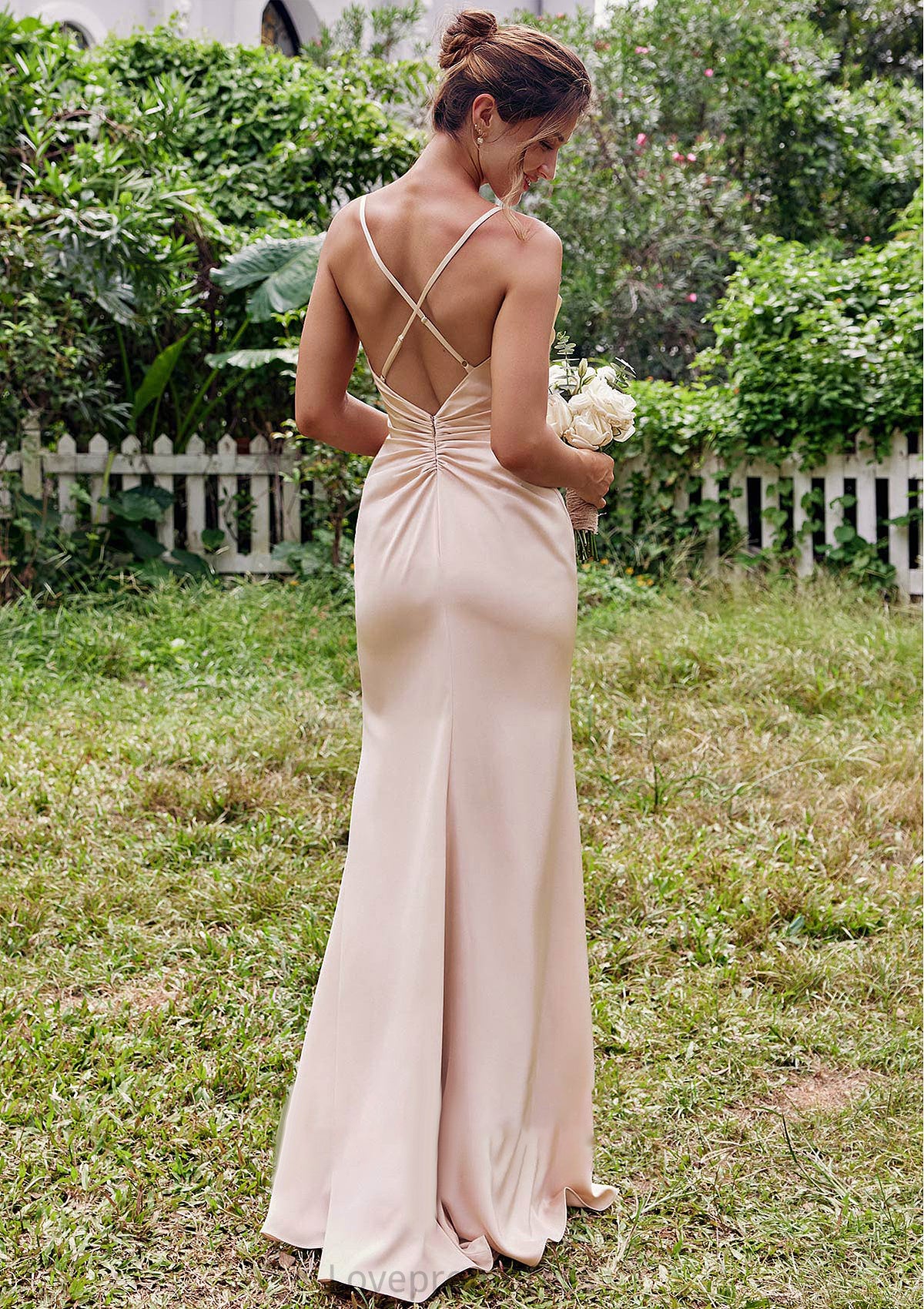 Sheath/Column V Neck Sleeveless Floor-Length Stretch Satin Bridesmaid Dresses with Pleated Samantha DYP0025267