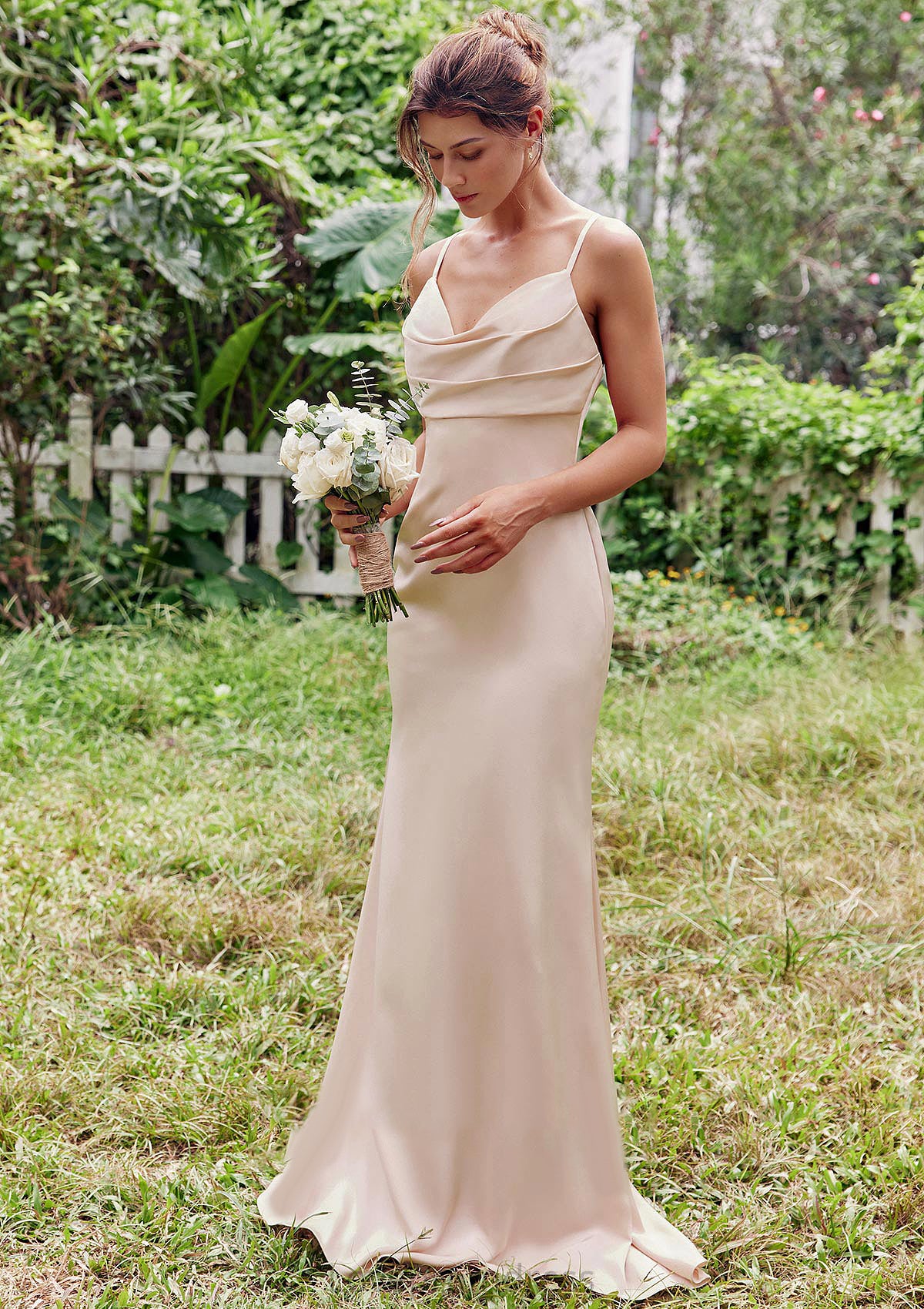 Sheath/Column V Neck Sleeveless Floor-Length Stretch Satin Bridesmaid Dresses with Pleated Samantha DYP0025267