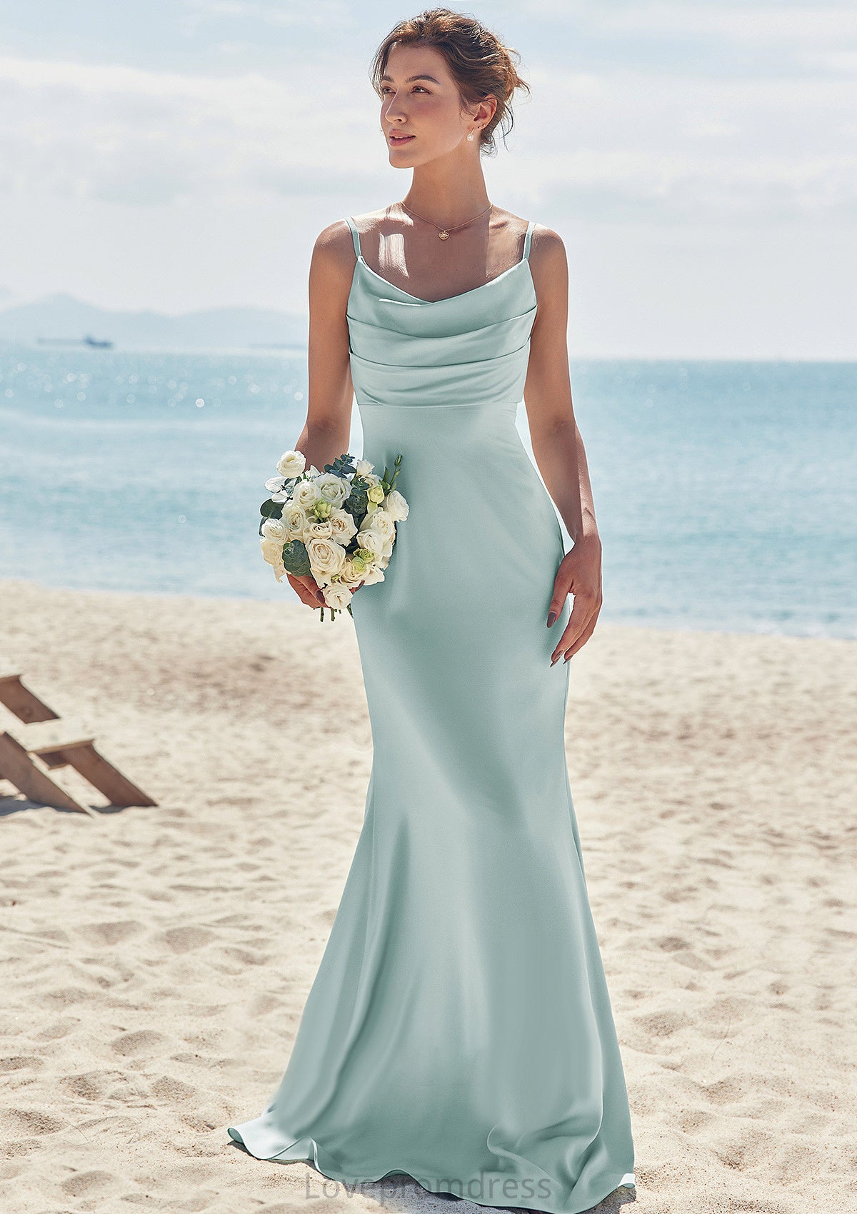 Sheath/Column V Neck Sleeveless Floor-Length Stretch Satin Bridesmaid Dresses with Pleated Dixie DYP0025268