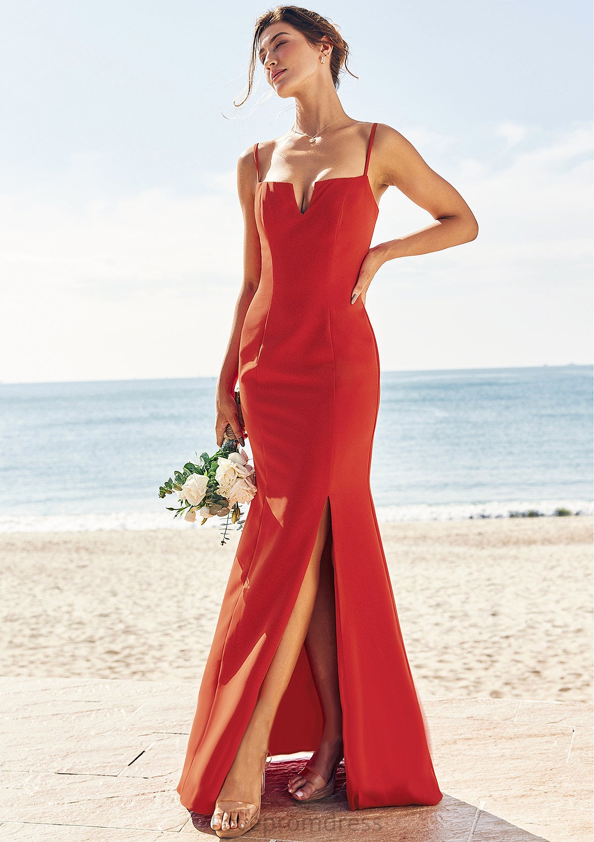 Trumpet/Mermaid V Neck Sleeveless Floor-Length Stretch Crepe Bridesmaid Dresses with Split Natasha DYP0025269