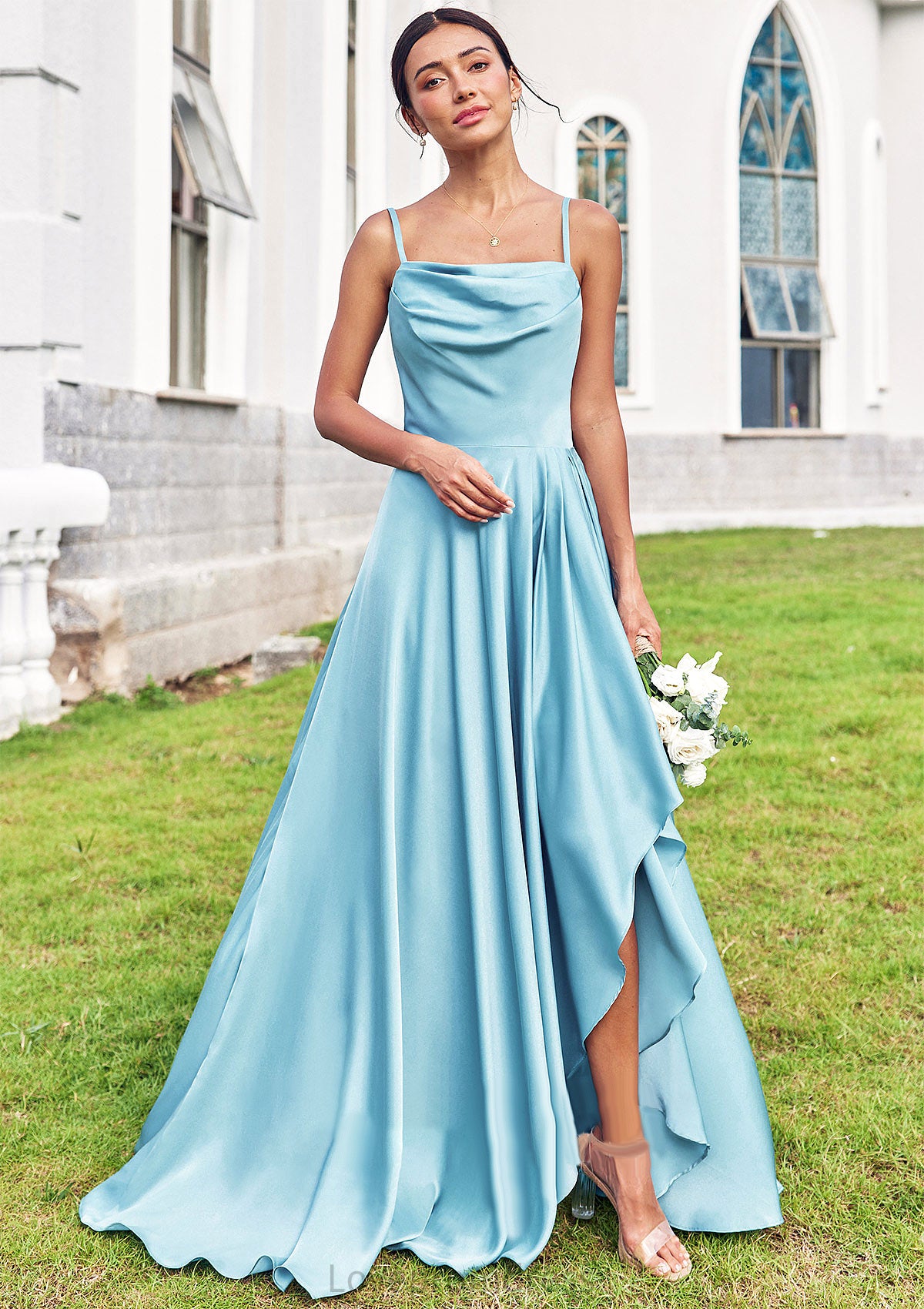 A-line Cowl Neck Sleeveless Floor-Length Stretch Satin Bridesmaid Dresses with Pleated Ruffles Split Mayra DYP0025270