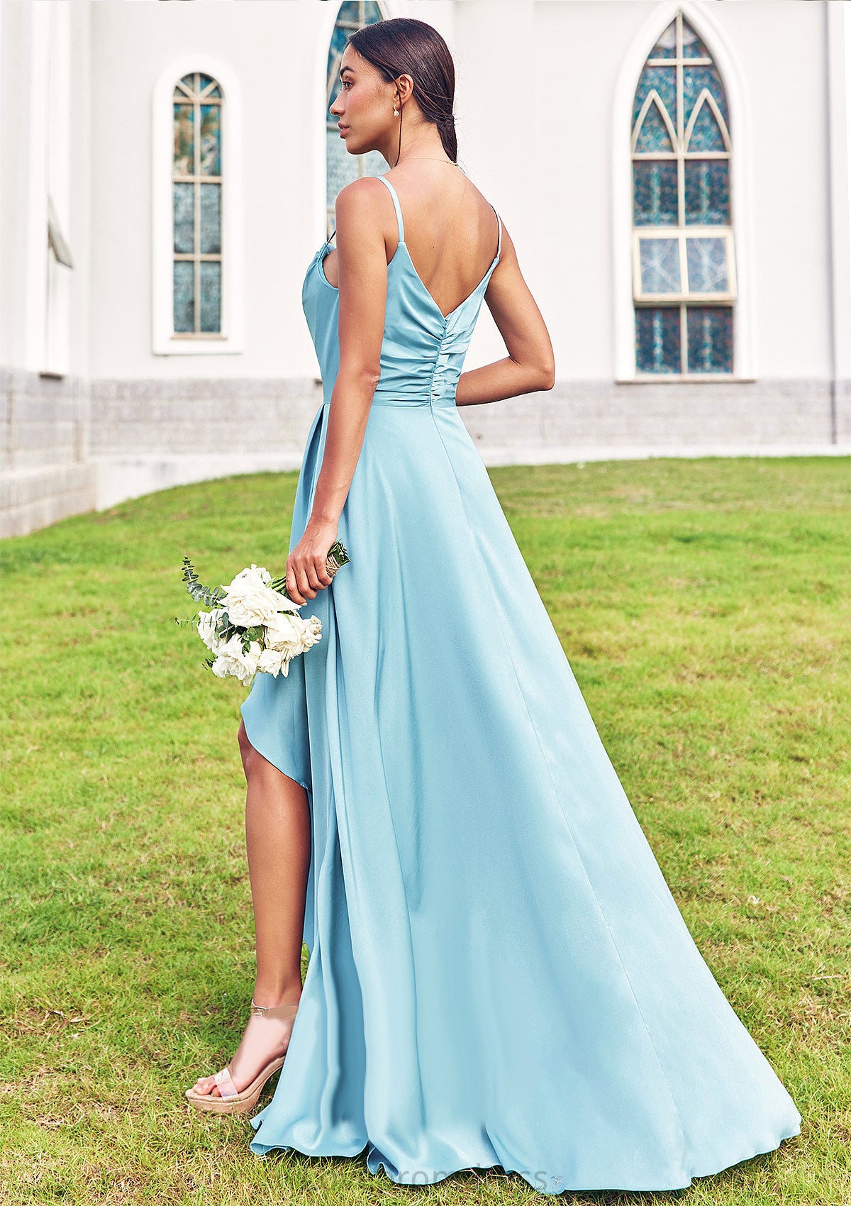 A-line Cowl Neck Sleeveless Floor-Length Stretch Satin Bridesmaid Dresses with Pleated Ruffles Split Mayra DYP0025270