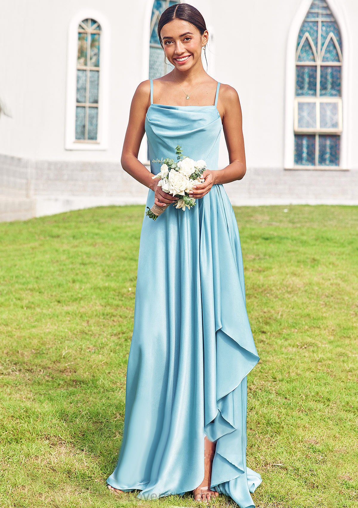 A-line Cowl Neck Sleeveless Floor-Length Stretch Satin Bridesmaid Dresses with Pleated Ruffles Split Mayra DYP0025270