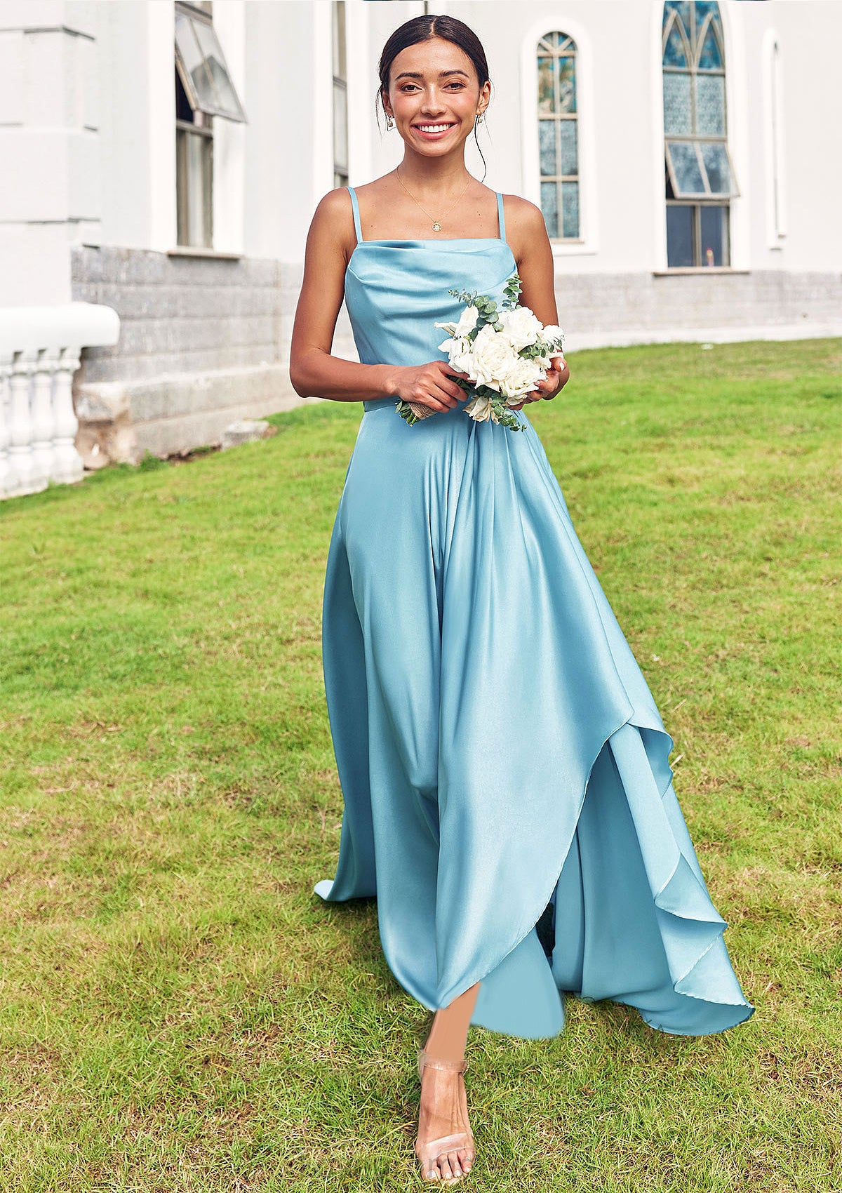 A-line Cowl Neck Sleeveless Floor-Length Stretch Satin Bridesmaid Dresses with Pleated Ruffles Split Mayra DYP0025270