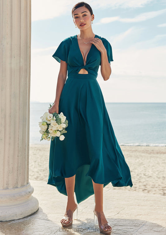 A-line V Neck Short Sleeve Asymmetrical Stretch Satin Bridesmaid Dresses with Bowknot Sashes Tia DYP0025272