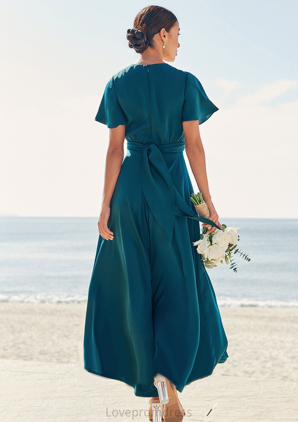 A-line V Neck Short Sleeve Asymmetrical Stretch Satin Bridesmaid Dresses with Bowknot Sashes Tia DYP0025272