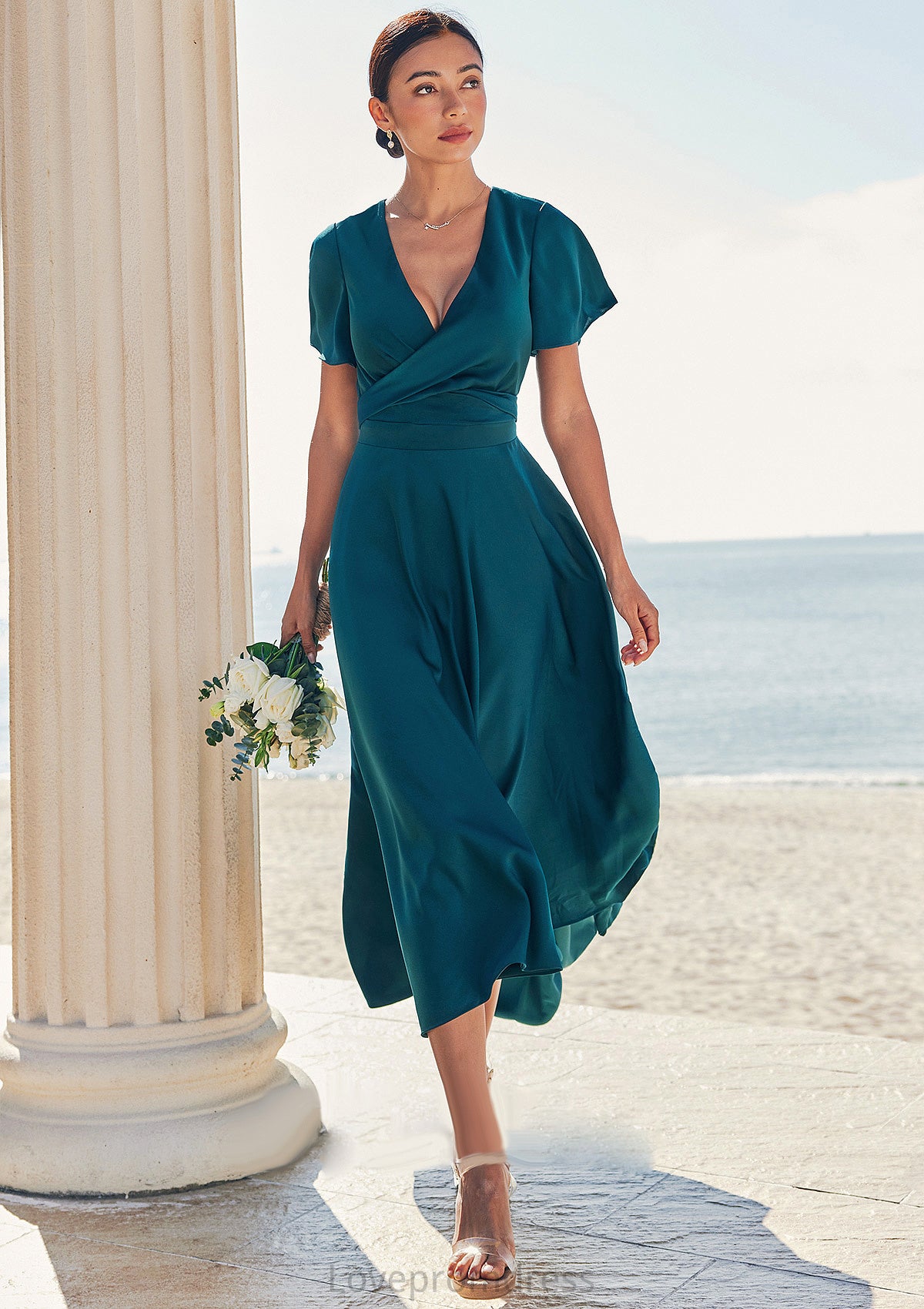 A-line V Neck Short Sleeve Asymmetrical Stretch Satin Bridesmaid Dresses with Bowknot Sashes Tia DYP0025272