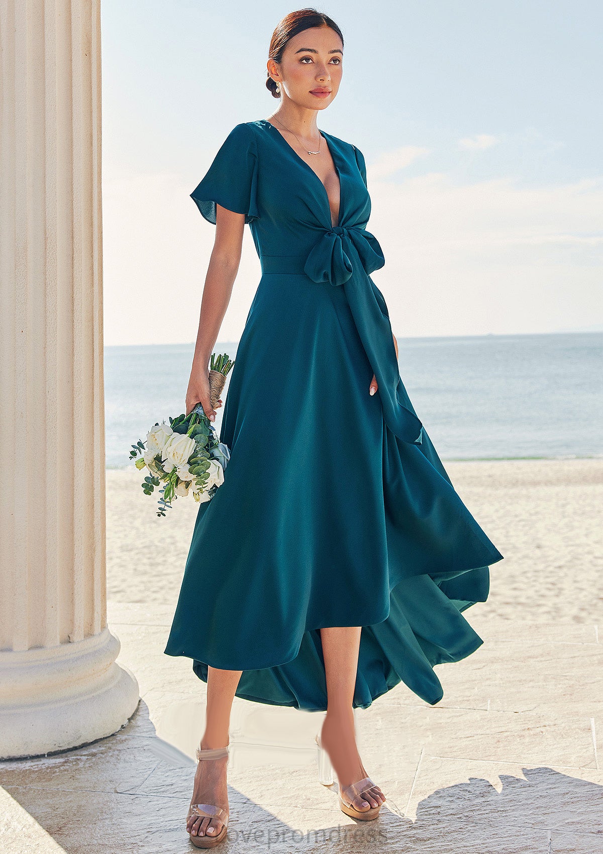 A-line V Neck Short Sleeve Asymmetrical Stretch Satin Bridesmaid Dresses with Bowknot Sashes Tia DYP0025272