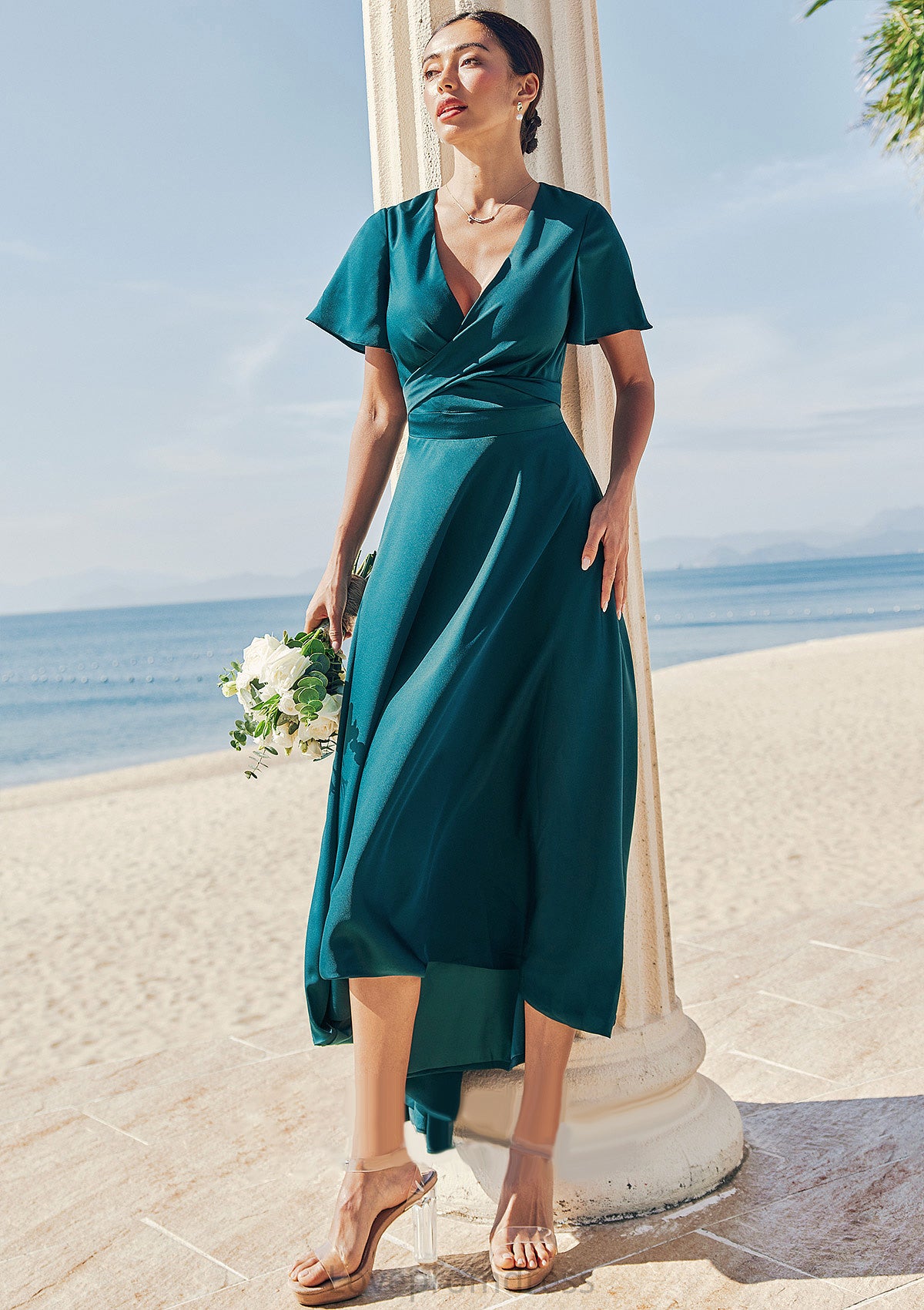 A-line V Neck Short Sleeve Asymmetrical Stretch Satin Bridesmaid Dresses with Bowknot Sashes Tia DYP0025272