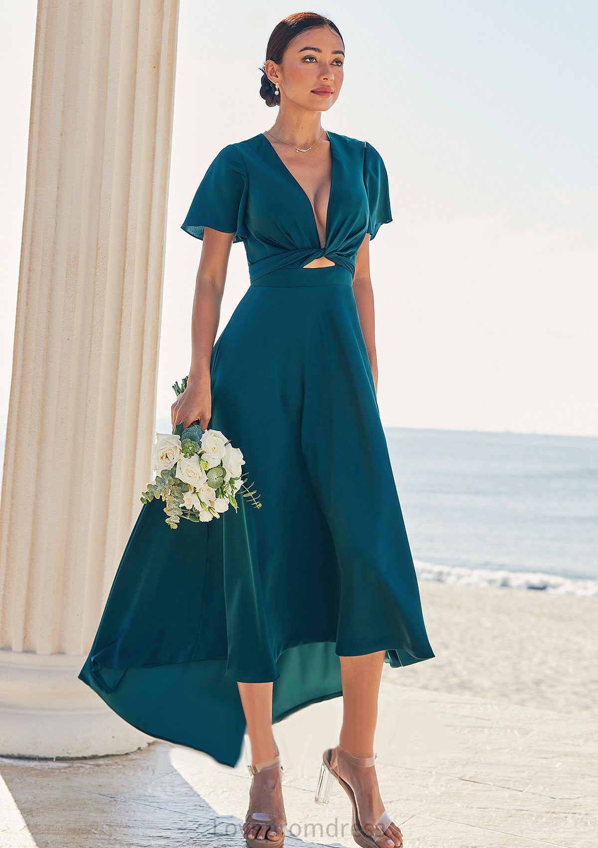 A-line V Neck Short Sleeve Asymmetrical Stretch Satin Bridesmaid Dresses with Bowknot Sashes Tia DYP0025272