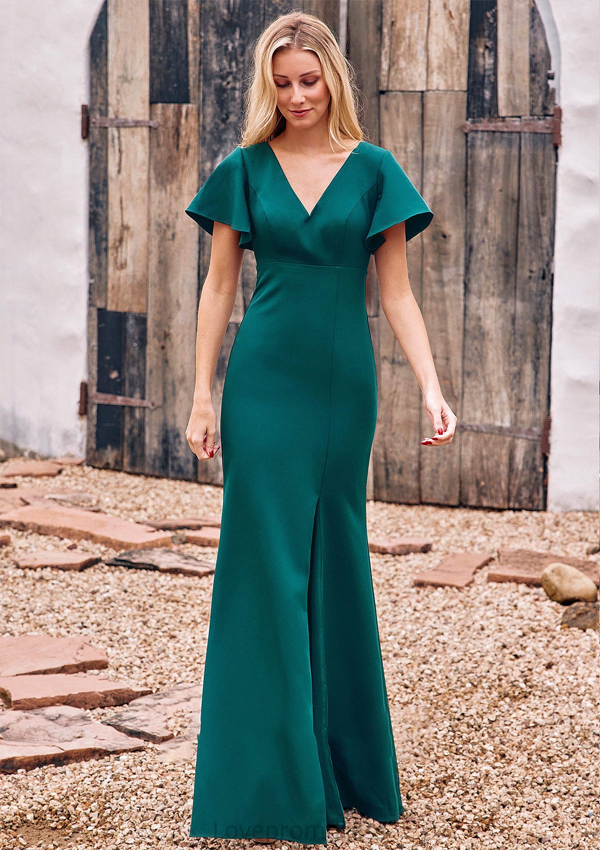 Trumpet/Mermaid V Neck Short Sleeve Stretch Crepe Floor-Length Bridesmaid Dresses with Split Jayda DYP0025273