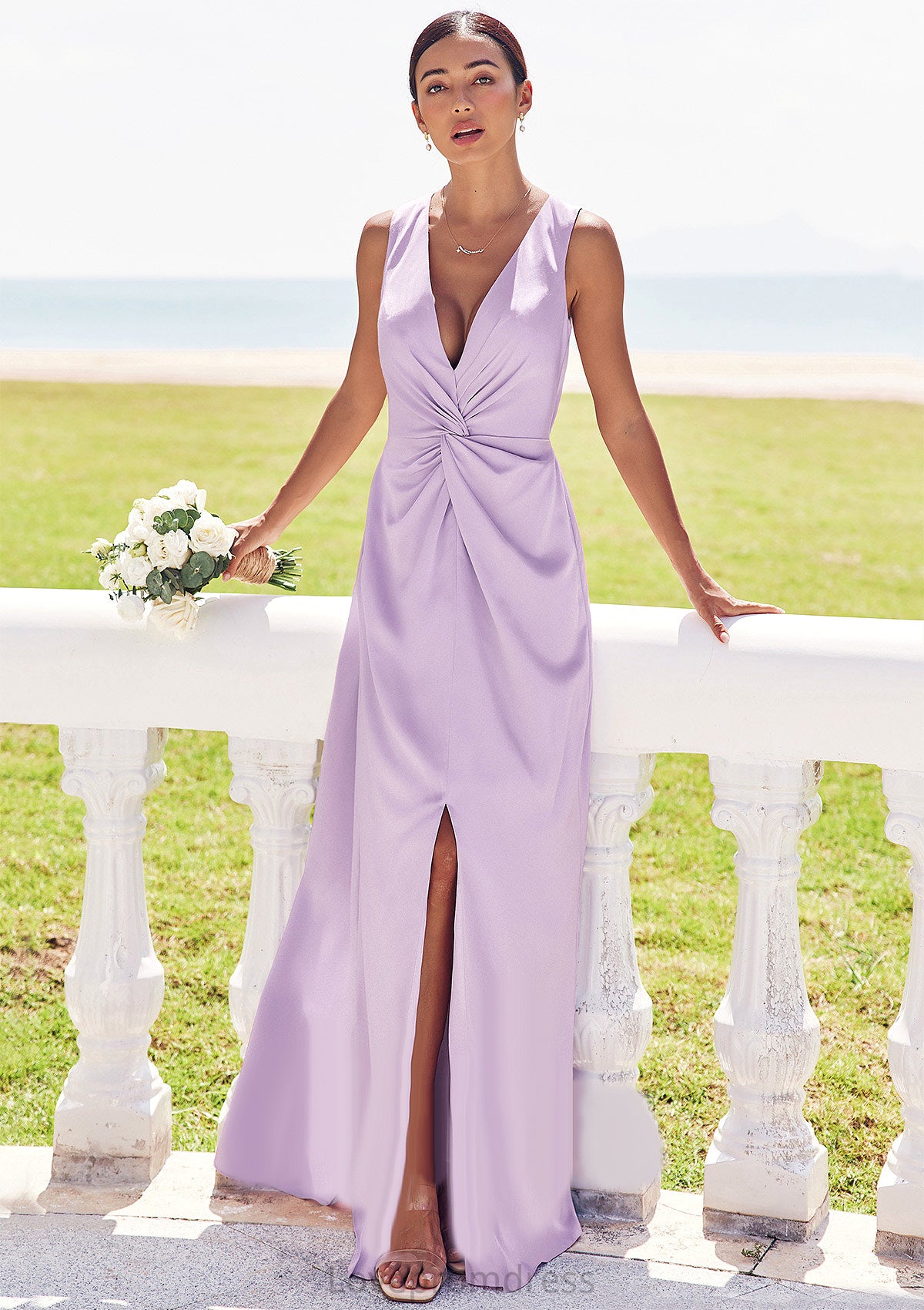 A-line V Neck Sleeveless Floor-Length Stretch Satin Bridesmaid Dresses with Pleated Split Kara DYP0025276