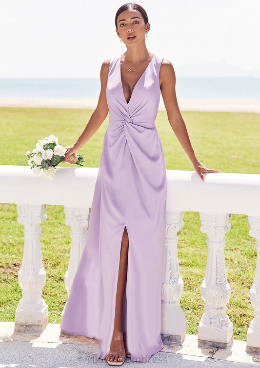 A-line V Neck Sleeveless Floor-Length Stretch Satin Bridesmaid Dresses with Pleated Split Kara DYP0025276