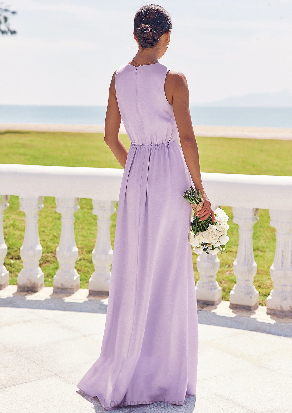 A-line V Neck Sleeveless Floor-Length Stretch Satin Bridesmaid Dresses with Pleated Split Kara DYP0025276