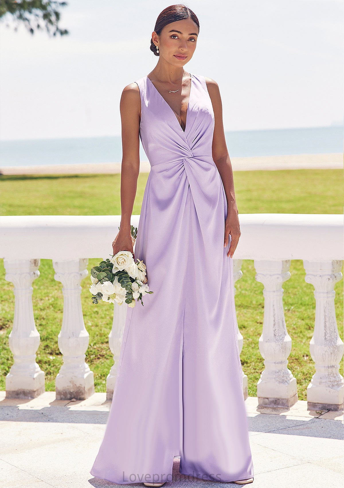 A-line V Neck Sleeveless Floor-Length Stretch Satin Bridesmaid Dresses with Pleated Split Kara DYP0025276