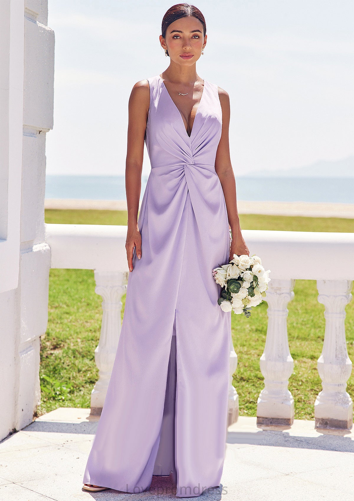 A-line V Neck Sleeveless Floor-Length Stretch Satin Bridesmaid Dresses with Pleated Split Kara DYP0025276