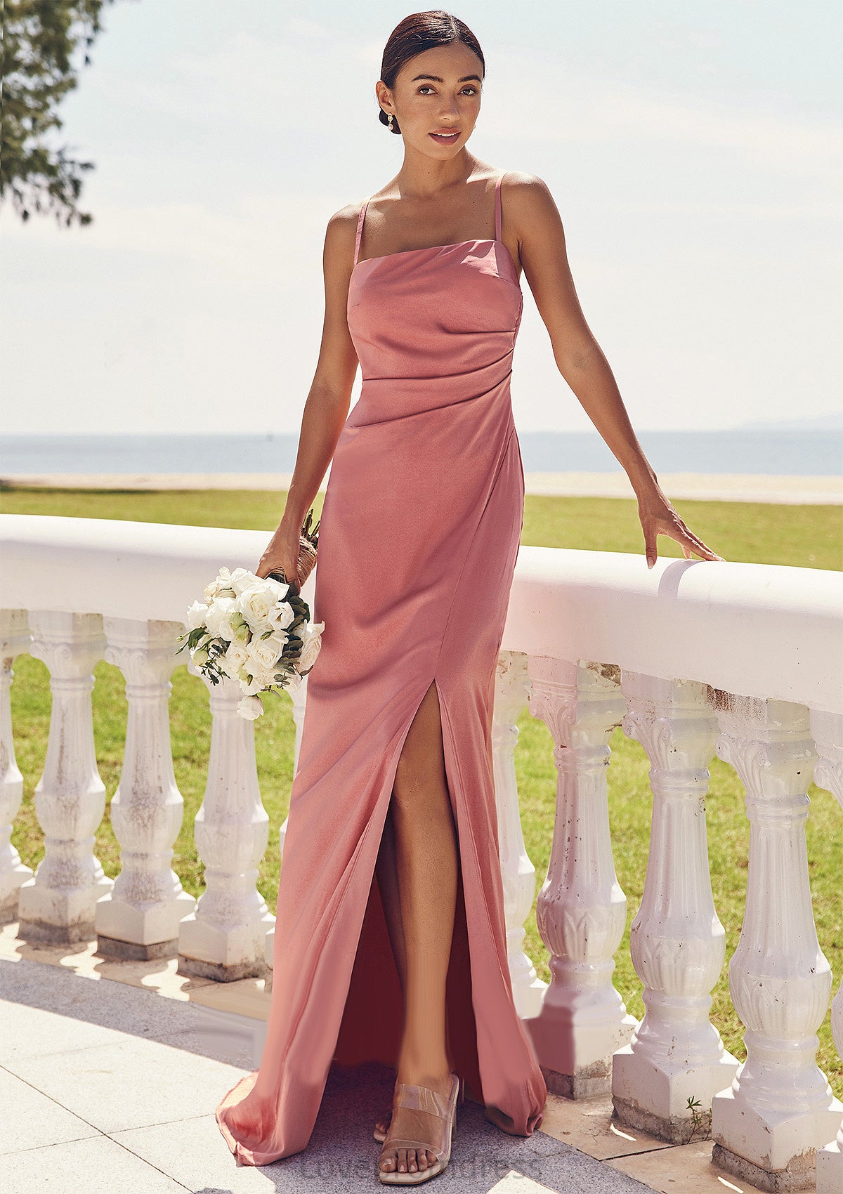 Sheath/Column Square Neckline Sleeveless Floor-Length Stretch Satin Bridesmaid Dresses with Pleated Split Ana DYP0025277